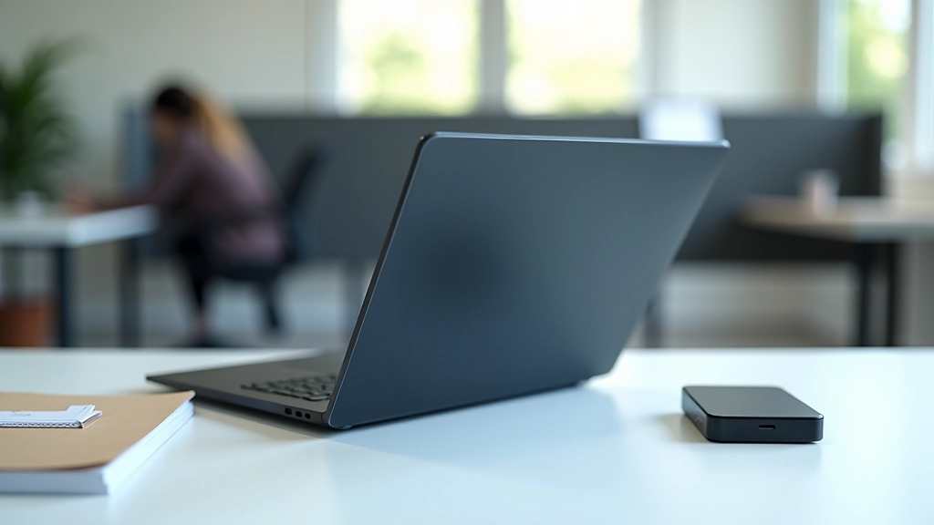 Laptop moderno em uma mesa limpa com indicadores de automação