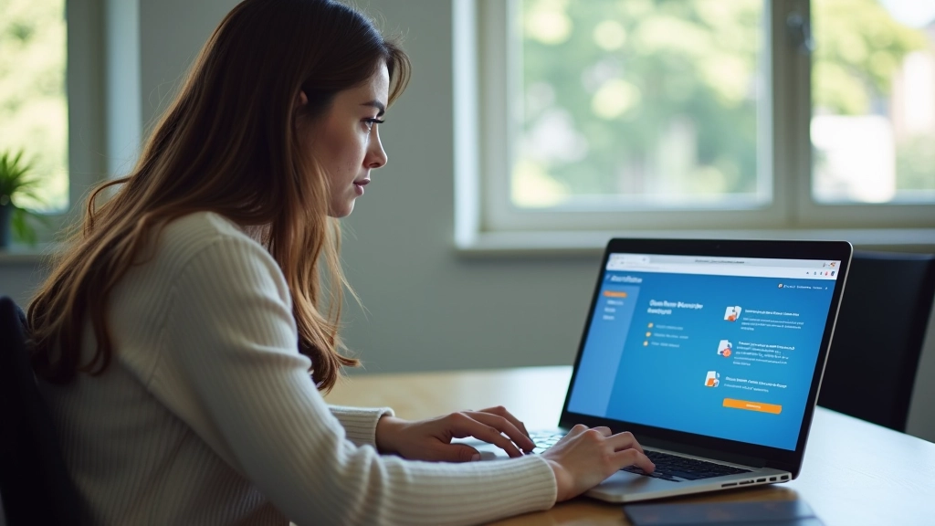Pessoa usando software de recuperação de dados em laptop com interface clara e seleção de arquivos