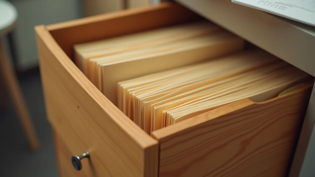 Arquivo com documentos organizados em pastas coloridas, ambiente seguro e limpo